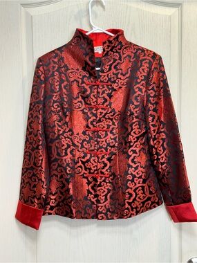 HuahongMei Vintage Red & Black Satin Brocade Chinese Tang Suit Jacket sz L